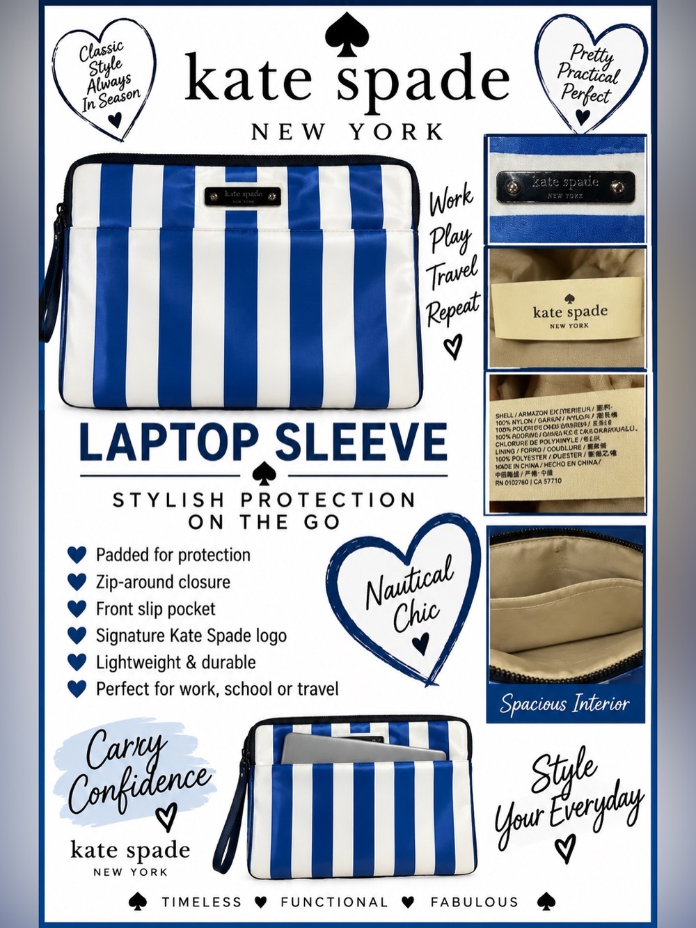 Kate Spade New York Blue White Stripe Laptop Sleeve Case Front Pocket 13x8